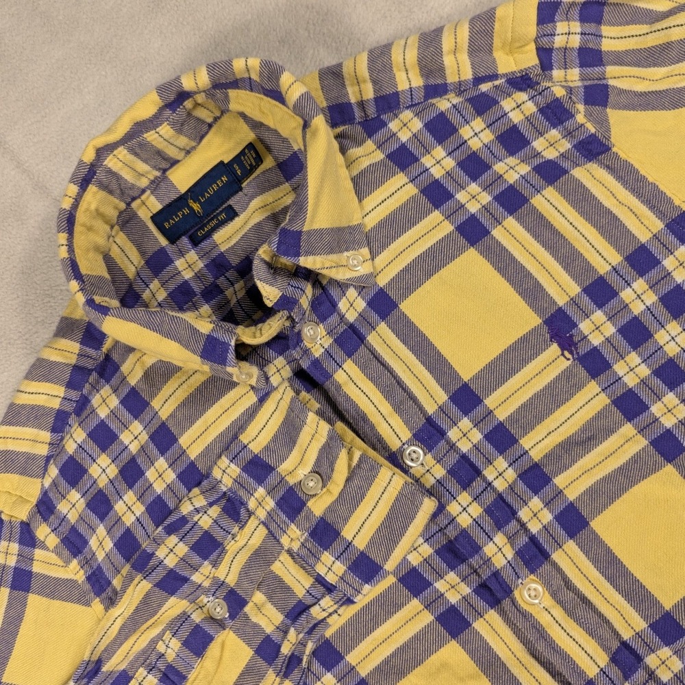 Ralph Lauren Womens Small Classic Fit Plaid Button Down Shirt Yellow Purple Pony